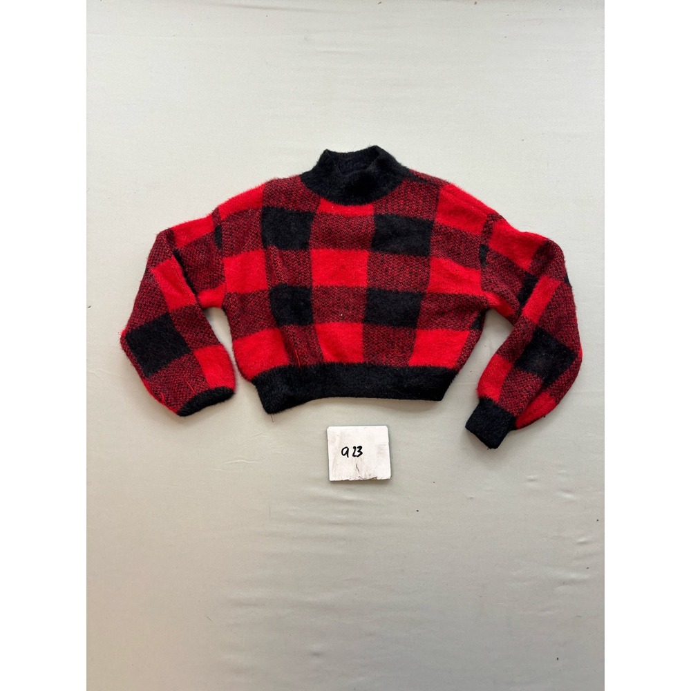 Art Class Girls Red Black Buffalo Plaid Fuzzy Cropped Mock Neck Sweater S 6/6X